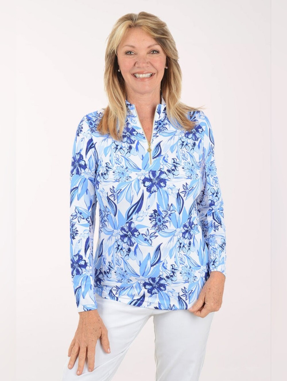 Blue Floral Quarter-Zip Long Sleeve Top Large